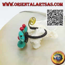 Anillo mariposa ajustable en pasta turquesa y centro coral y espiral en latón bañado en oro (macramé)
