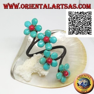 Bracciale rigido regolabile con 4 fiori di pasta di turchese e centro corallo in ottone dorato rivestito (macramè)