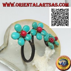 Pulsera rígida ajustable con 4 flores de pasta turquesa y centro de coral en latón dorado (macramé)