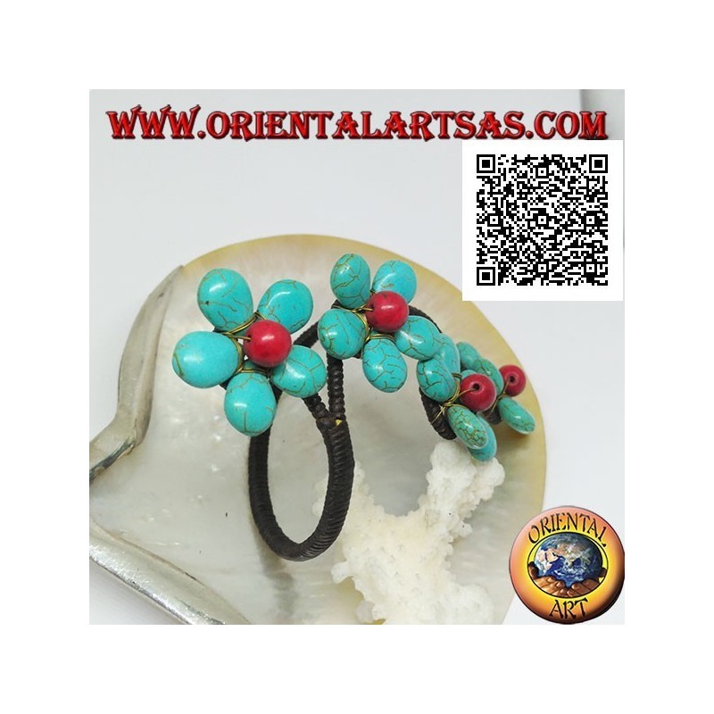 Bracelet rigide ajustable avec 4 fleurs en pâte turquoise et centre corail en laiton plaqué or (macramé)