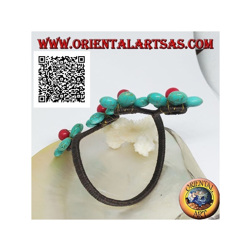 Bracciale rigido regolabile con 4 fiori di pasta di turchese e centro corallo in ottone dorato rivestito (macramè)