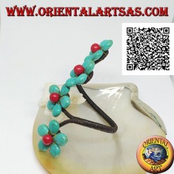 Pulsera rígida ajustable con 4 flores de pasta turquesa y centro de coral en latón dorado (macramé)