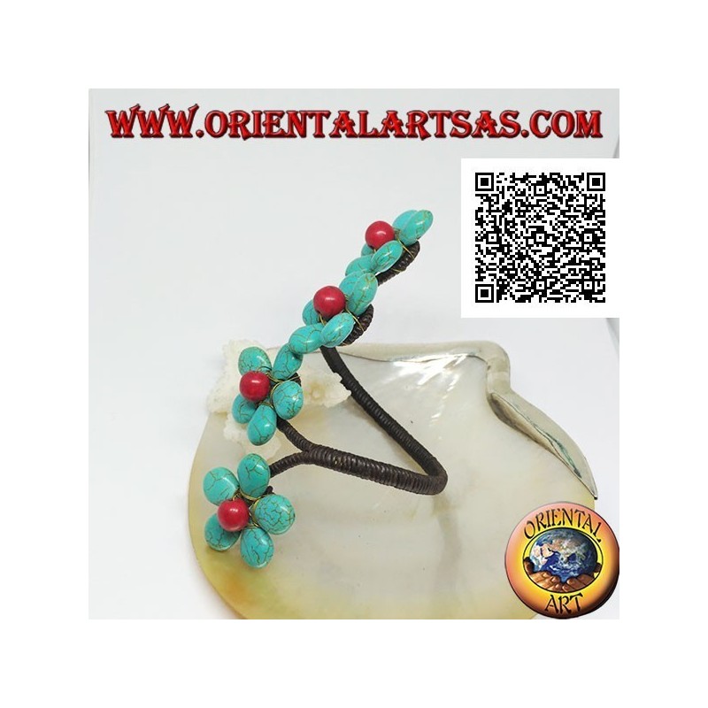 Adjustable rigid bracelet with 4 turquoise paste flowers and coral center in gold-plated brass (macramé)