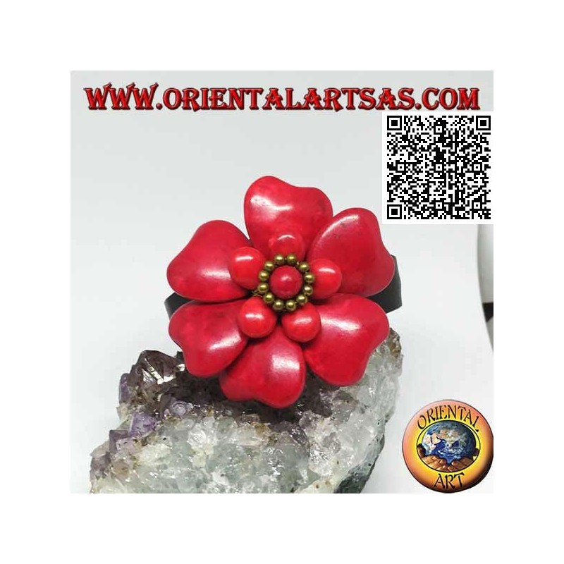 Adjustable rigid leather bracelet with double overlaid coral paste flower and golden brass balls