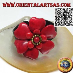 Adjustable rigid leather bracelet with double overlaid coral paste flower and golden brass balls