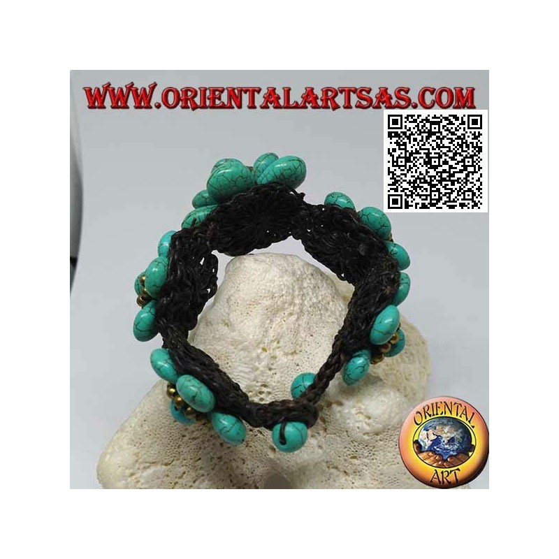 Weiches Armband mit fünf türkisfarbenen Blüten und goldenen Messingkugeln