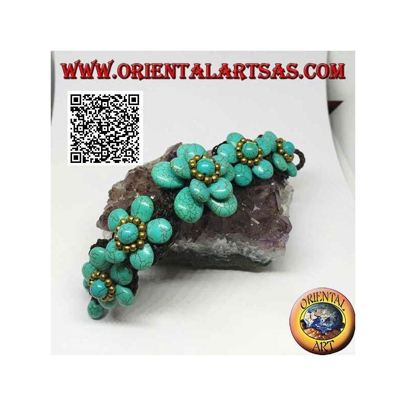 Bracciale morbido con cinque fiori in pasta di turchese e palline in ottone dorato