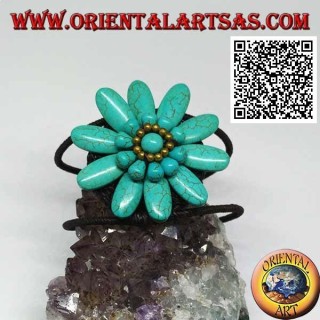 Bracelet rigide ajustable avec grosse marguerite en pâte turquoise et boules en laiton plaqué or (macramé)