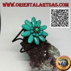 Pulsera rígida ajustable con gran margarita en pasta turquesa y bolas de latón bañadas en oro (macramé)