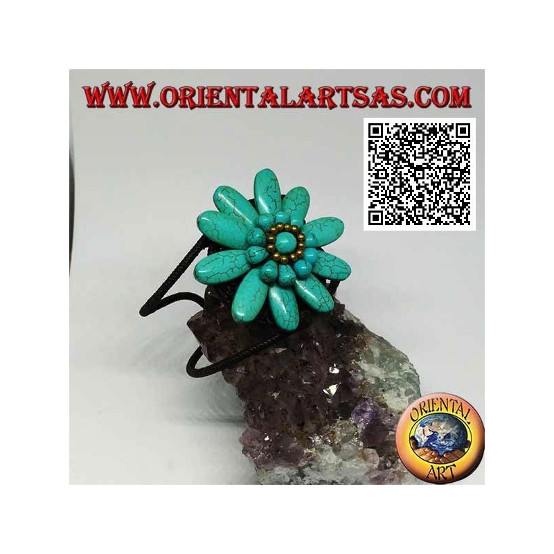 Bracelet rigide ajustable avec grosse marguerite en pâte turquoise et boules en laiton plaqué or (macramé)