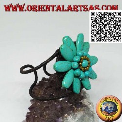 Bracelet rigide ajustable avec grosse marguerite en pâte turquoise et boules en laiton plaqué or (macramé)