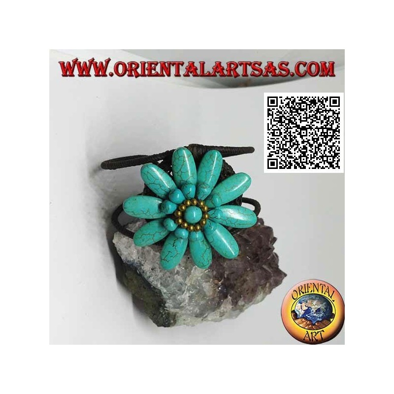 Adjustable rigid bracelet with large daisy in turquoise paste and gold-plated brass balls (macramé)