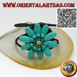 Pulsera rígida ajustable con gran margarita en pasta turquesa y bolas de latón bañadas en oro (macramé)