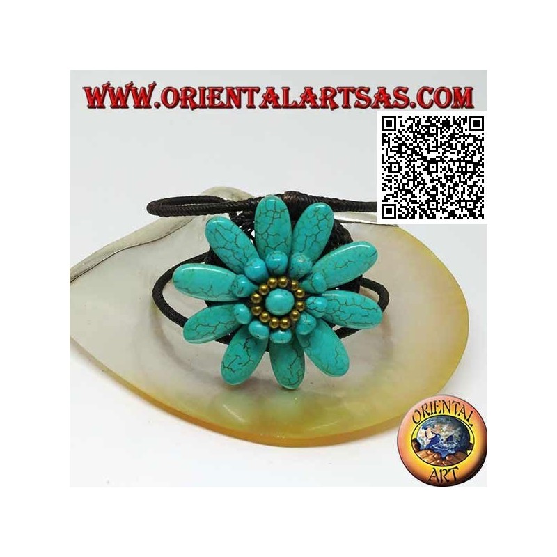 Bracciale rigido regolabile con margherita grande in pasta di turchese e palline in ottone dorato rivestito (macramè)