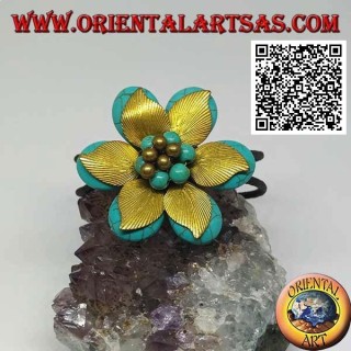 Bracelet fleur rigide ajustable en pâte turquoise et feuilles en laiton doré (macramé)