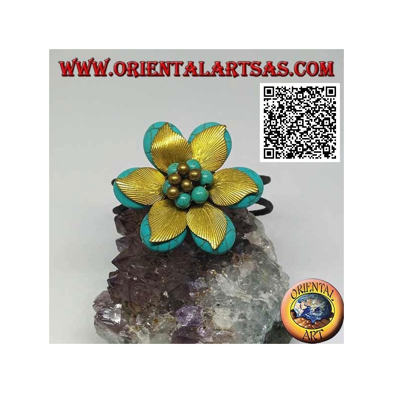 Adjustable rigid flower bracelet in turquoise paste and leaves in gold-plated brass (macramé)