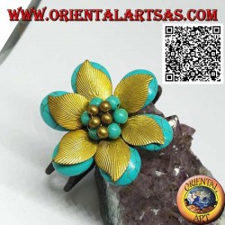 Bracelet fleur rigide ajustable en pâte turquoise et feuilles en laiton doré (macramé)