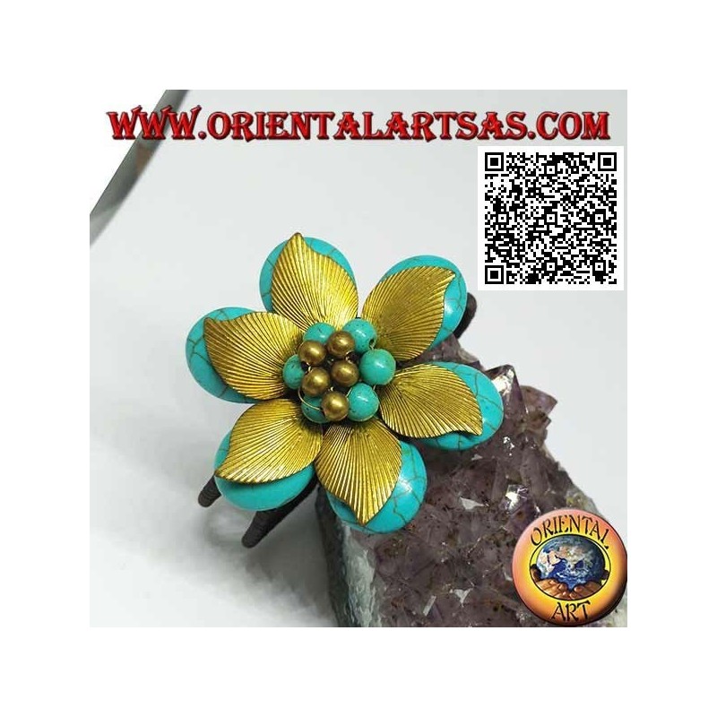 Bracciale rigido regolabile a fiore in pasta di turchese e foglie in ottone dorato rivestito (macramè)