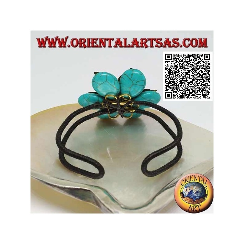 Bracciale rigido regolabile a fiore in pasta di turchese e foglie in ottone dorato rivestito (macramè)