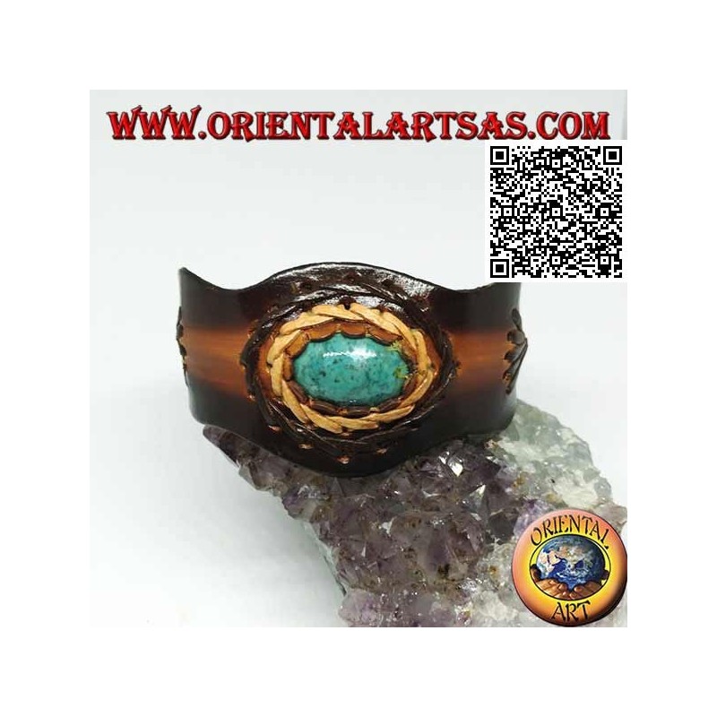 Verstellbares starres Armband mit zentralem ovalen Türkis und zweifarbiger Lederverarbeitung