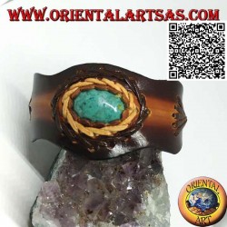 Bracelet rigide ajustable avec traitement central ovale turquoise et cuir bicolore
