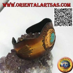 Bracelet rigide ajustable avec traitement central ovale turquoise et cuir bicolore