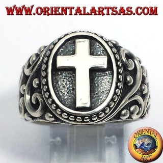 Sterling Silver 925 Cross Signet Ring with Scrollwork