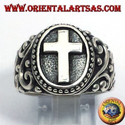 Sterling Silver 925 Cross Signet Ring with Scrollwork