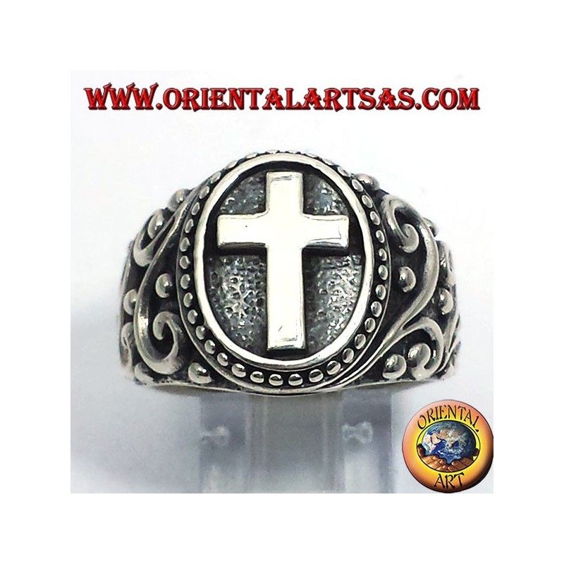 Bague Chevalier en Argent 925 avec Croix Latine et Frises