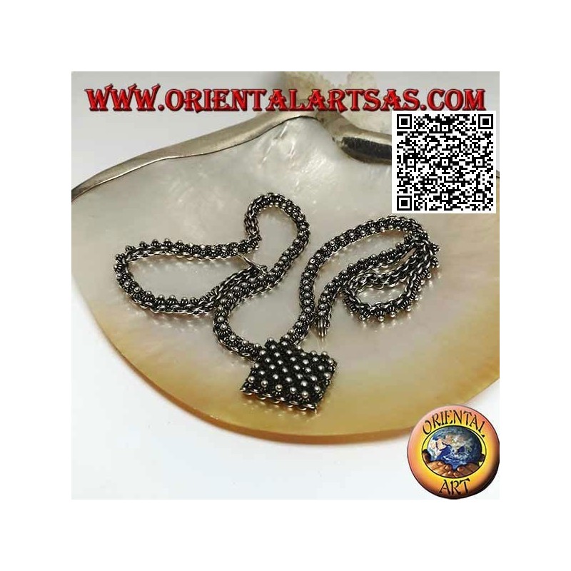 925 ‰ silver chain necklace studded with small flowers with central rhombus of 45 cm