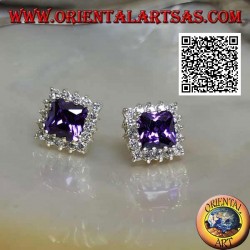 Silver lobe earrings with synthetic amethyst surrounded by white zircons