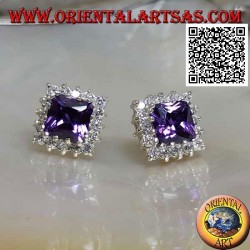 Silver lobe earrings with synthetic amethyst surrounded by white zircons