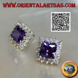 Pendientes lóbulos de plata con amatista sintética rodeados de circonitas blancas