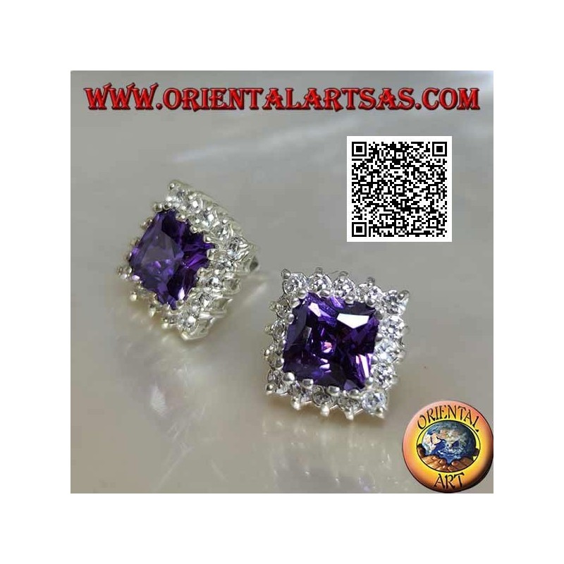 Boucles d'oreilles lobe en argent avec améthyste synthétique entourées de zircons blancs