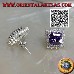 Silver lobe earrings with synthetic amethyst surrounded by white zircons