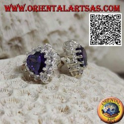 Silver lobe earrings with synthetic amethyst in the heart surrounded by white zircons