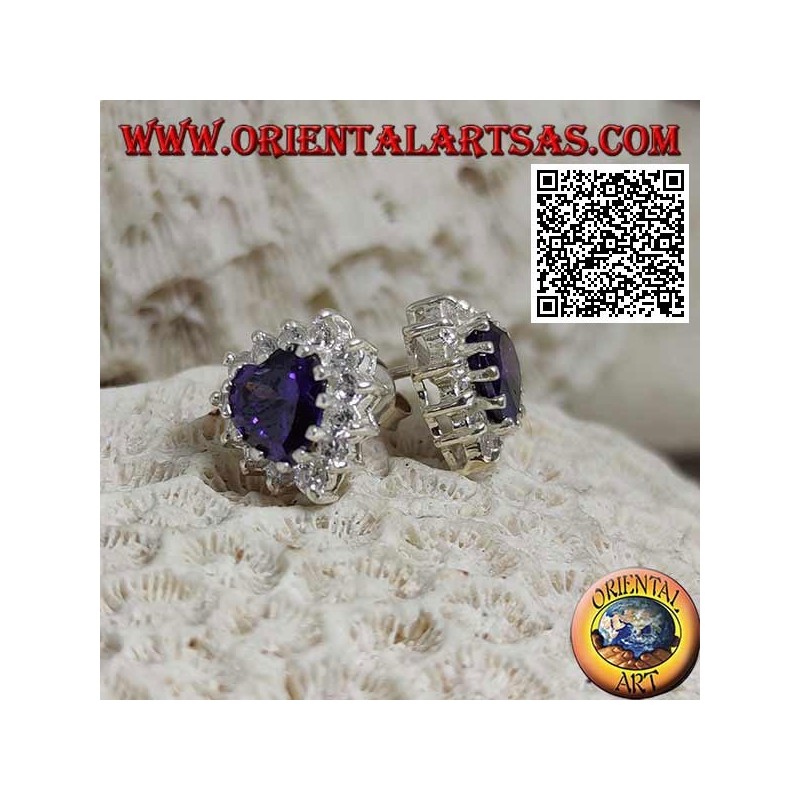 Pendientes lóbulos de plata con amatista sintética en el corazón rodeados de circonitas blancas