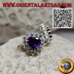 Pendientes lóbulos de plata con amatista sintética en el corazón rodeados de circonitas blancas