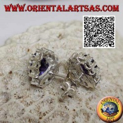 Boucles d'oreilles lobe en argent avec améthyste synthétique dans le cœur entouré de zircons blancs