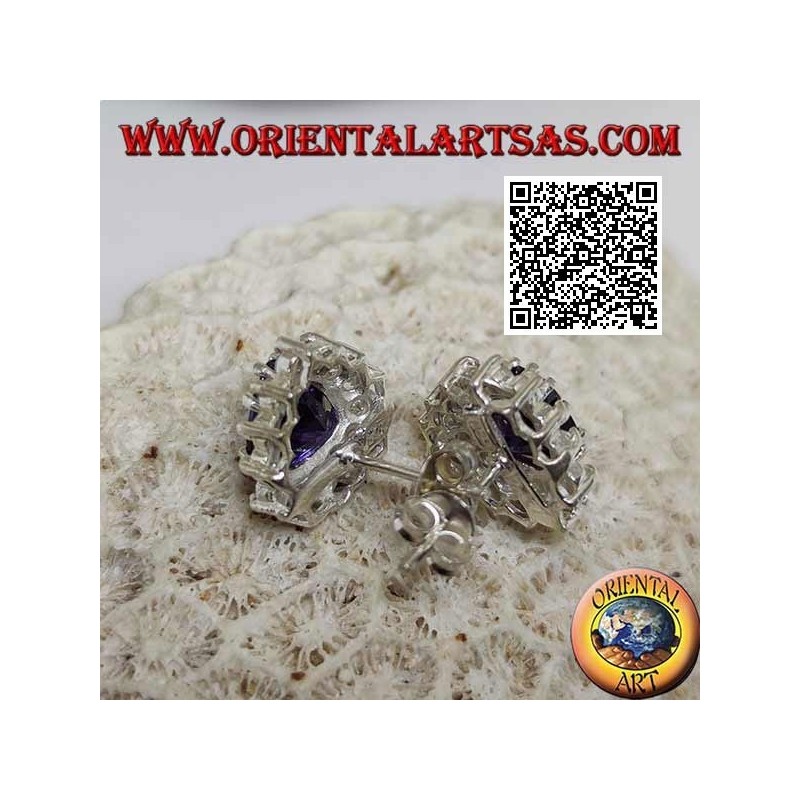 Silver lobe earrings with synthetic amethyst in the heart surrounded by white zircons