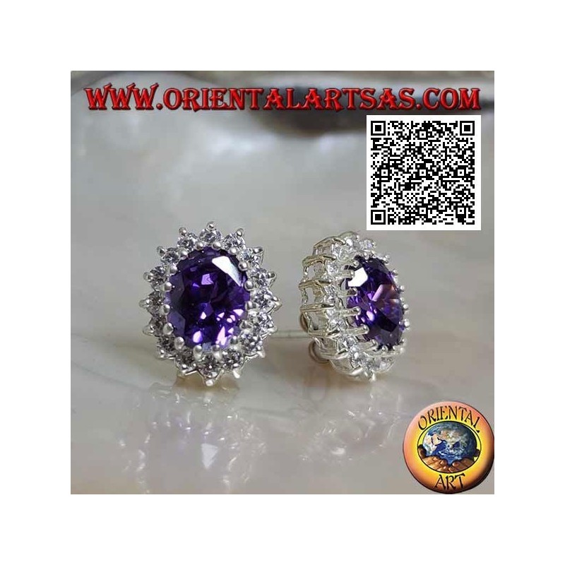 Boucles d'oreilles lobe en argent avec améthyste synthétique ovale entourée de zircons blancs