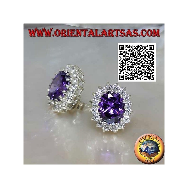 Silberlappenohrringe mit ovalem synthetischem Amethyst, umgeben von weißen Zirkonen