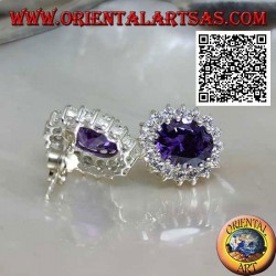 Silver lobe earrings with oval synthetic amethyst surrounded by white zircons
