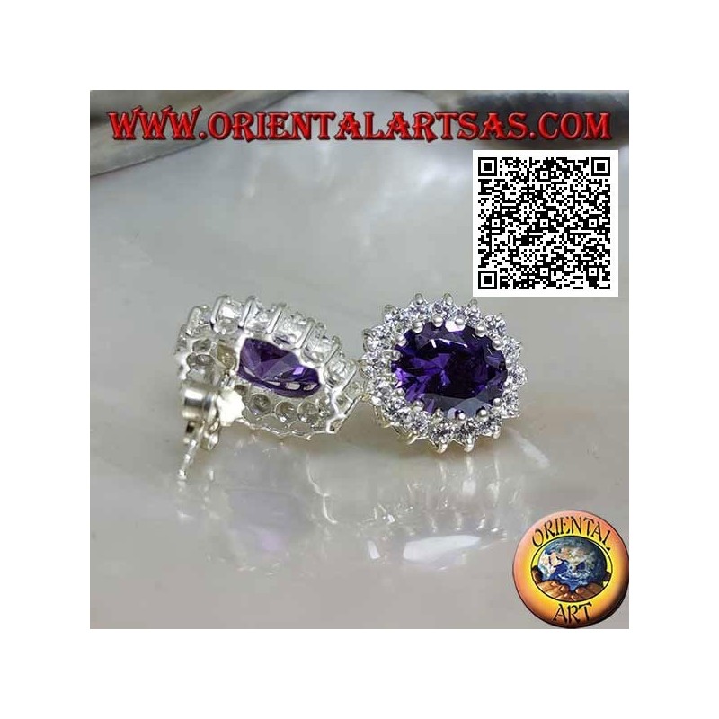 Boucles d'oreilles lobe en argent avec améthyste synthétique ovale entourée de zircons blancs