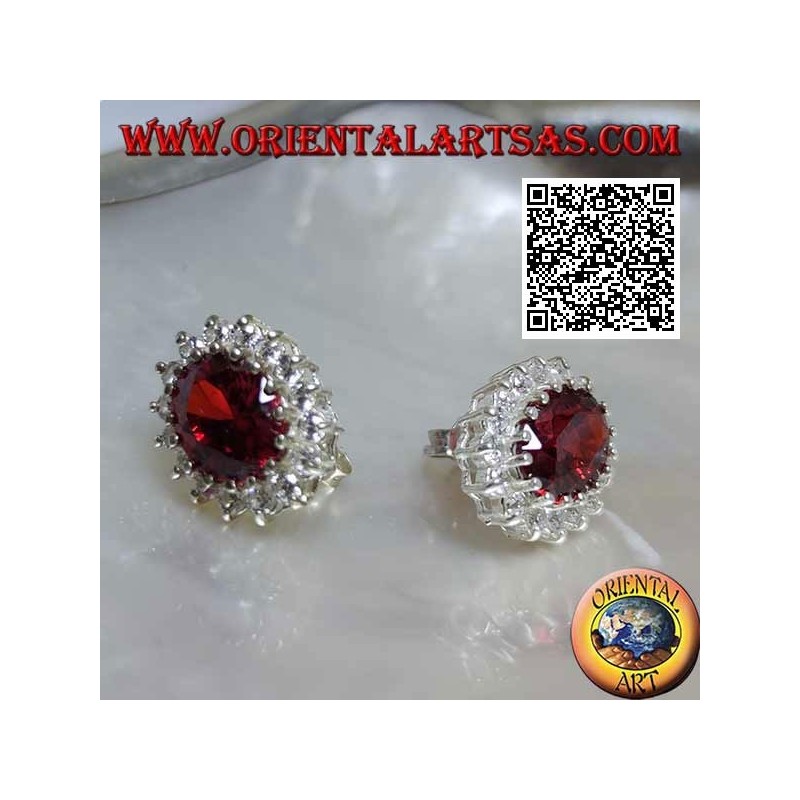 Silver lobe earrings with oval faceted garnet surrounded by white zircons