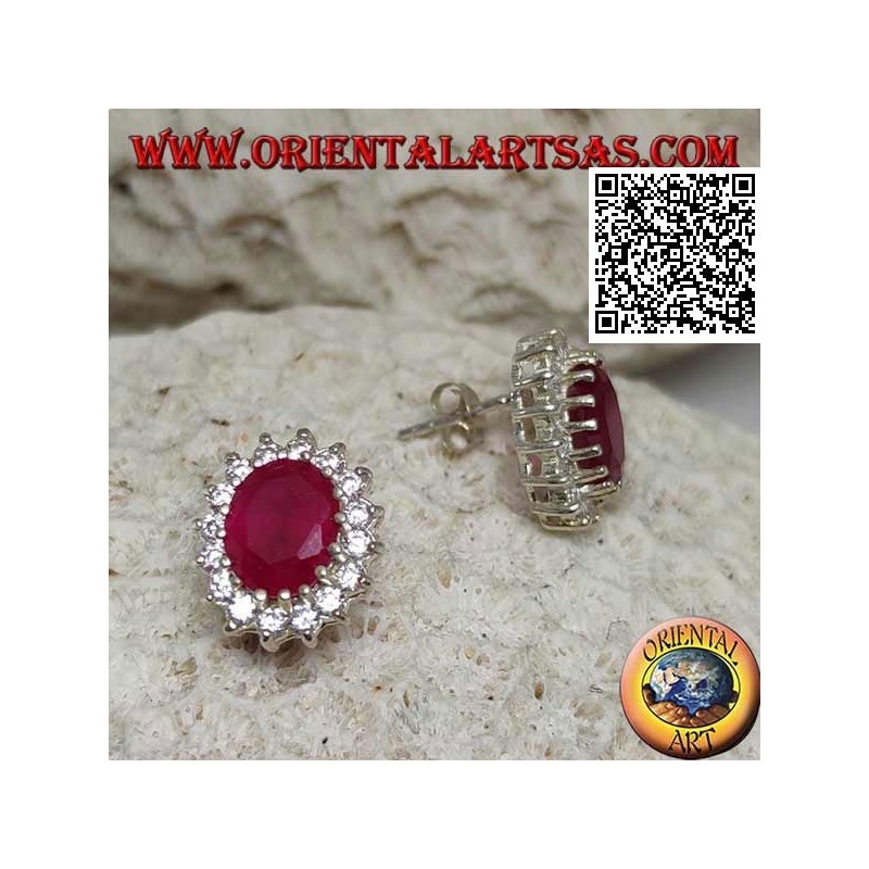 Silver lobe earrings with natural oval ruby surrounded by white zircons