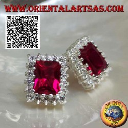 Silver lobe earrings with rectangular synthetic ruby surrounded by white zircons