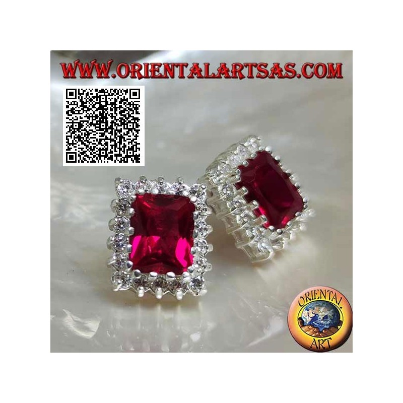 Silver lobe earrings with rectangular synthetic ruby surrounded by white zircons