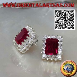 Silver lobe earrings with rectangular synthetic ruby surrounded by white zircons