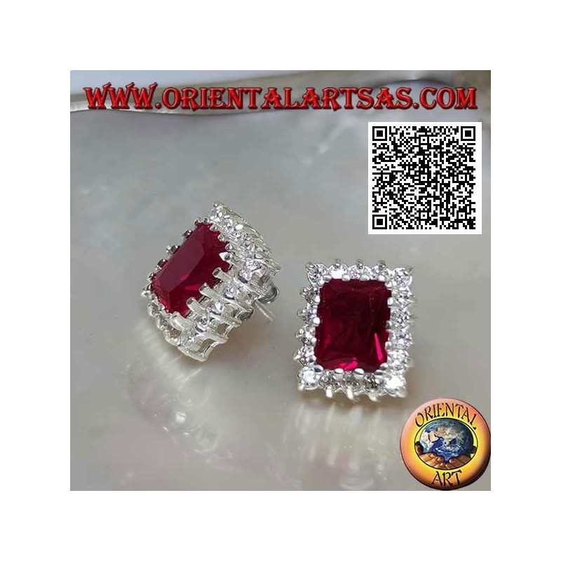 Silver lobe earrings with rectangular synthetic ruby surrounded by white zircons